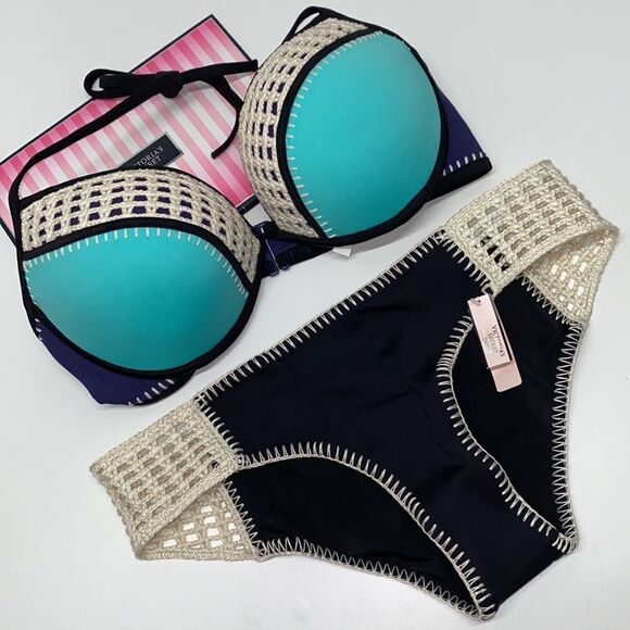 🔥🏖VICTORIA SECRET  swimsuit The Fabulous/push-up  cheeky  green/purple New - Picture 2 of 8